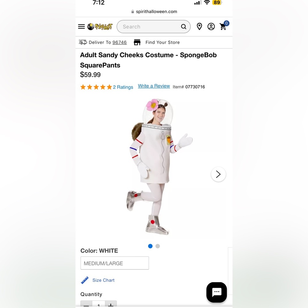 Med/ Lrg Sandy Cheeks costume
